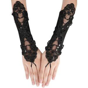 Women's A-Black Sequins Beads Fingerless Satin Gloves Party Prom Accessories